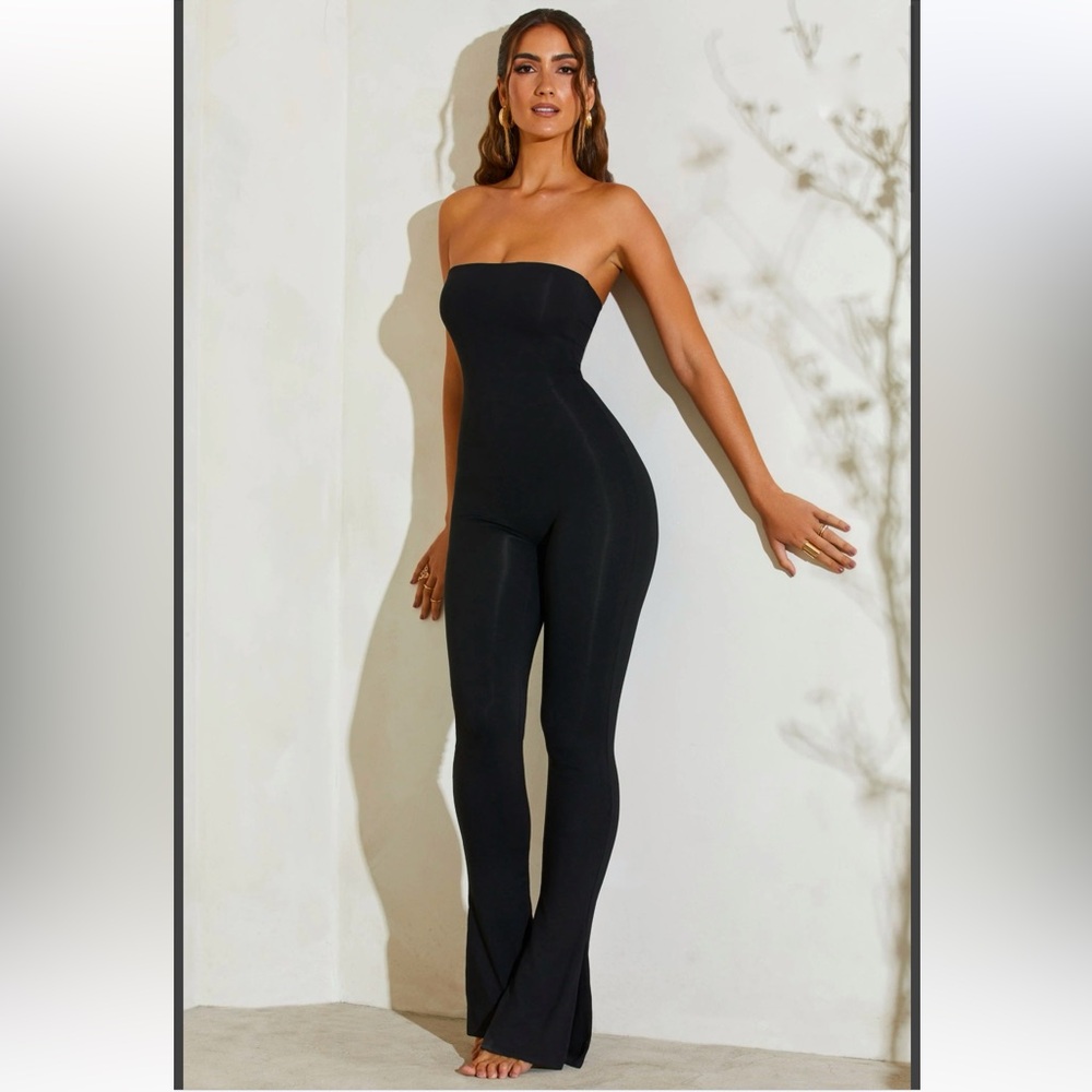 Oh Polly Jamila Strapless Flared Split Hem Jumpsuit in Black XS 2 US 6 UK